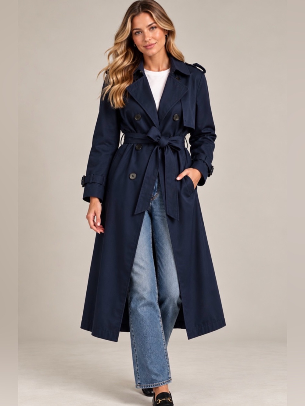 LONDON TOWNE by London Fog Vintage Classic Navy Trench Coat with Belt